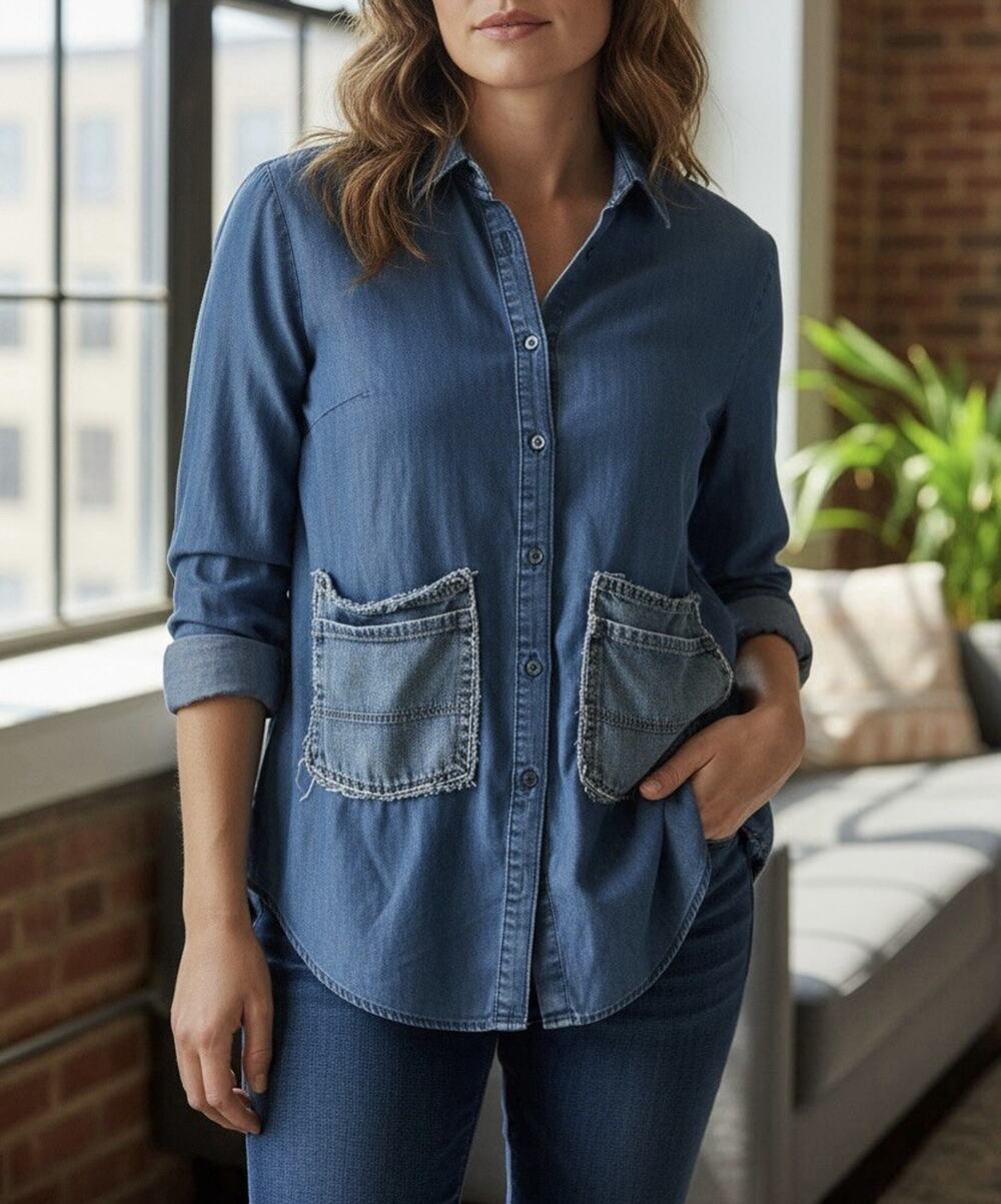 Blue Chambray Tunic Top Women’s S Button Up Shirt Art Teacher Western DIY OOAK